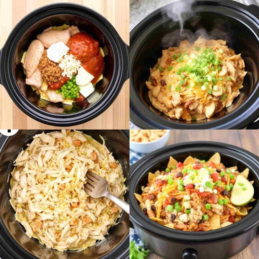 steps of making Crockpot Chicken Nachos
