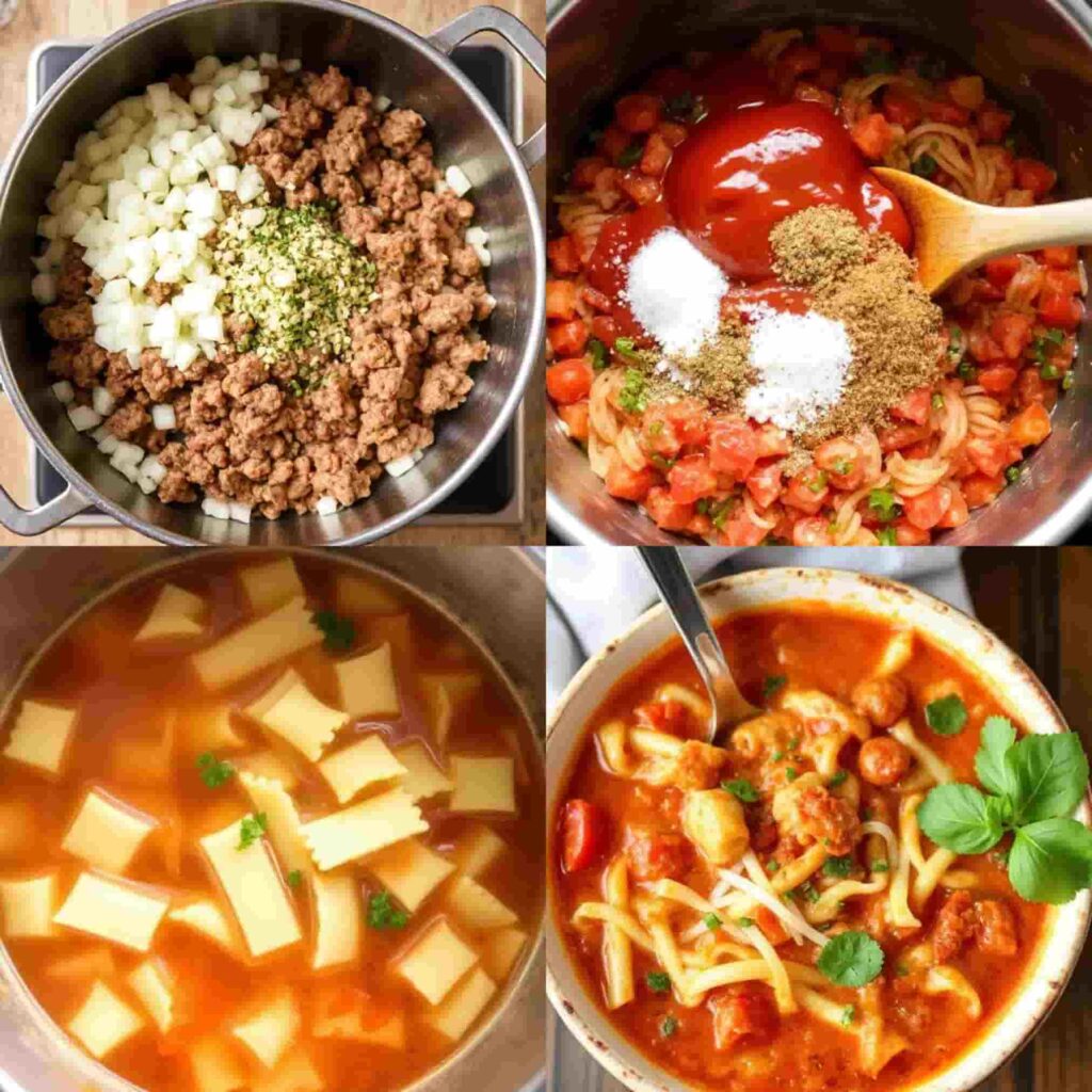 4 steps of making  Lasagna Soup